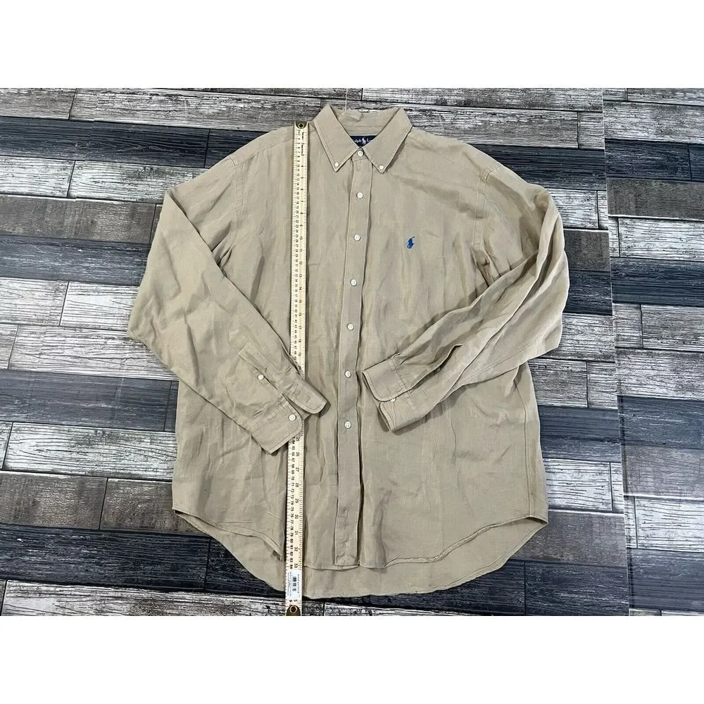 Ralph Lauren Shirt Mens XL Khaki Beige Tan Classic Fit Button Up Blue Pony‎ Silk